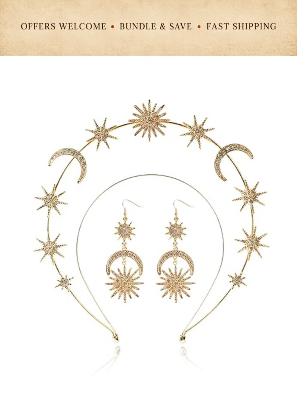 Star Moon Crystal Halo Crown Headband Earrings Set Alloy Women Wedding Costume